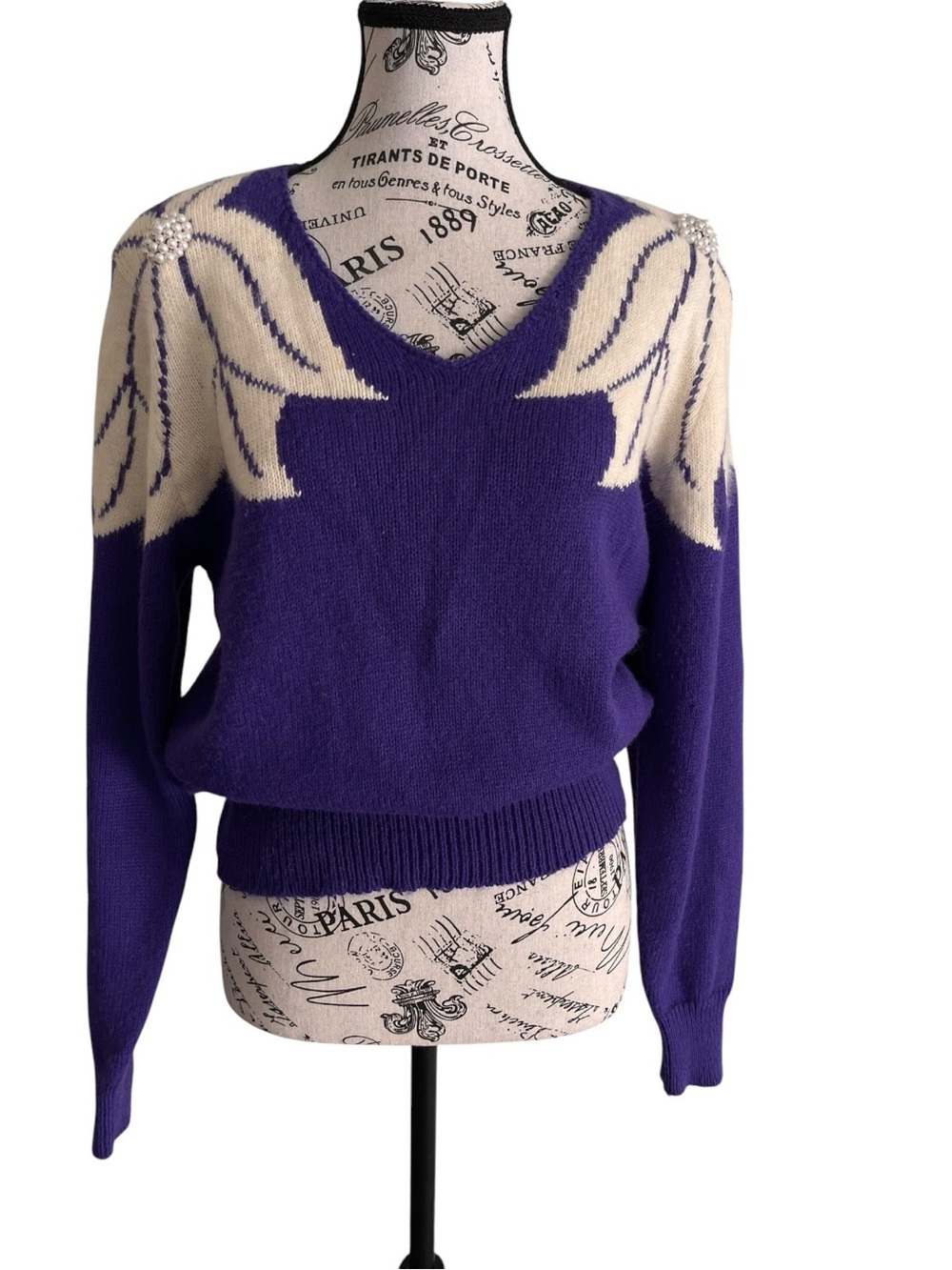 John Richard Pearl Bead Floral Sweater Purple Cream Angora Blend L